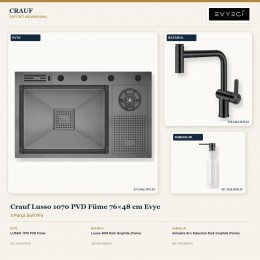 Crauf Lusso 1070 PVD Füme 76×48 cm Evye + Lusso 4035 Batarya + Aynı Renk Sabunluk | 3 Parça Soft Pro
