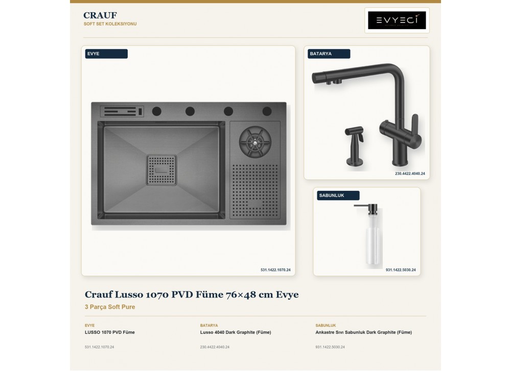 Crauf Lusso 1070 PVD Füme 76×48 cm Evye + Lusso 4040 Batarya + Aynı Renk Sabunluk | 3 Parça Soft Pure Crauf Lusso 1070 PVD Füme 76×48 cm Evye + Lusso 4040 Batarya + Aynı Renk Sabunluk | 3 Parça Soft Pure