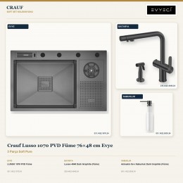 Crauf Lusso 1070 PVD Füme 76×48 cm Evye + Lusso 4040 Batarya + Aynı Renk Sabunluk | 3 Parça Soft Pure