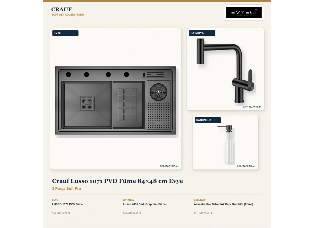 Crauf Lusso 1071 PVD Füme 84×48 cm Evye + Lusso 4035 Batarya + Aynı Renk Sabunluk | 3 Parça Soft Pro