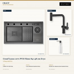 Crauf Lusso 1071 PVD Füme 84×48 cm Evye + Lusso 4035 Batarya + Aynı Renk Sabunluk | 3 Parça Soft Pro