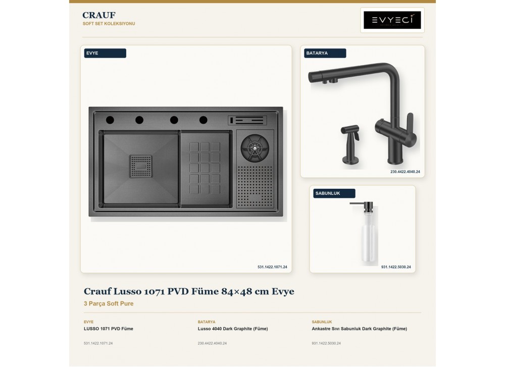 Crauf Lusso 1071 PVD Füme 84×48 cm Evye + Lusso 4040 Batarya + Aynı Renk Sabunluk | 3 Parça Soft Pure Crauf Lusso 1071 PVD Füme 84×48 cm Evye + Lusso 4040 Batarya + Aynı Renk Sabunluk | 3 Parça Soft Pure