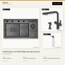 Crauf Lusso 1071 PVD Füme 84×48 cm Evye + Lusso 4040 Batarya + Aynı Renk Sabunluk | 3 Parça Soft Pure