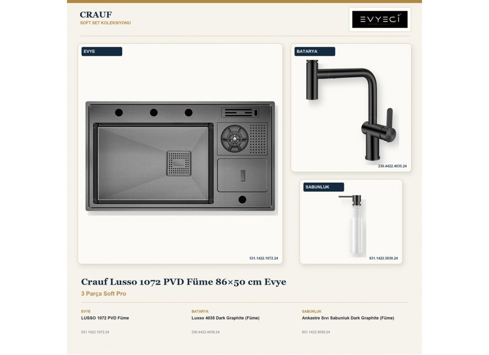 Crauf Lusso 1072 PVD Füme 86×50 cm Evye + Lusso 4035 Batarya + Aynı Renk Sabunluk | 3 Parça Soft Pro
