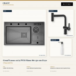 Crauf Lusso 1072 PVD Füme 86×50 cm Evye + Lusso 4035 Batarya + Aynı Renk Sabunluk | 3 Parça Soft Pro