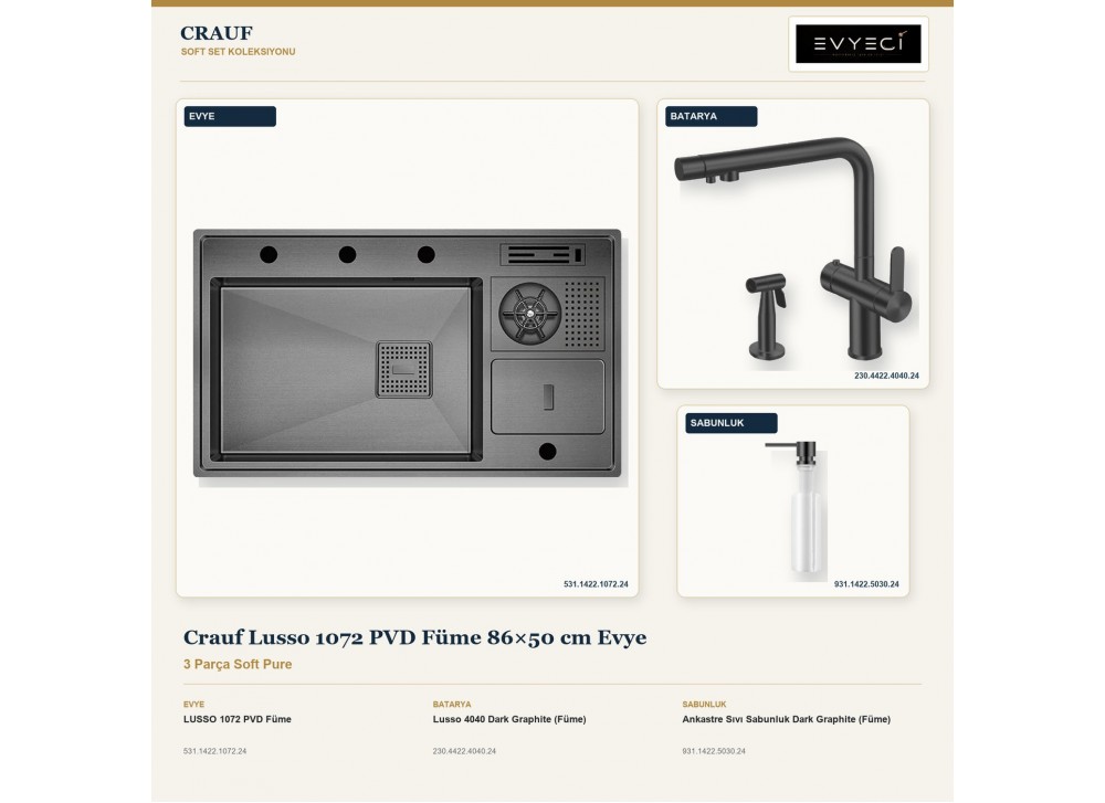 Crauf Lusso 1072 PVD Füme 86×50 cm Evye + Lusso 4040 Batarya + Aynı Renk Sabunluk | 3 Parça Soft Pure