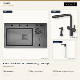 Crauf Lusso 1072 PVD Füme 86×50 cm Evye + Lusso 4040 Batarya + Aynı Renk Sabunluk | 3 Parça Soft Pure