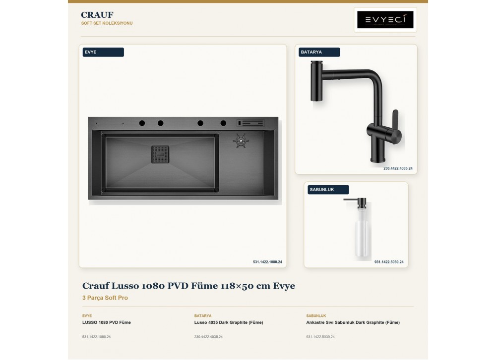 Crauf Lusso 1080 PVD Füme 118×50 cm Evye + Lusso 4035 Batarya + Aynı Renk Sabunluk | 3 Parça Soft Pro Crauf Lusso 1080 PVD Füme 118×50 cm Evye + Lusso 4035 Batarya + Aynı Renk Sabunluk | 3 Parça Soft Pro