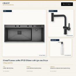 Crauf Lusso 1080 PVD Füme 118×50 cm Evye + Lusso 4035 Batarya + Aynı Renk Sabunluk | 3 Parça Soft Pro