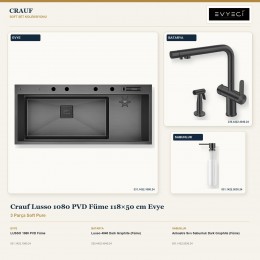 Crauf Lusso 1080 PVD Füme 118×50 cm Evye + Lusso 4040 Batarya + Aynı Renk Sabunluk | 3 Parça Soft Pure