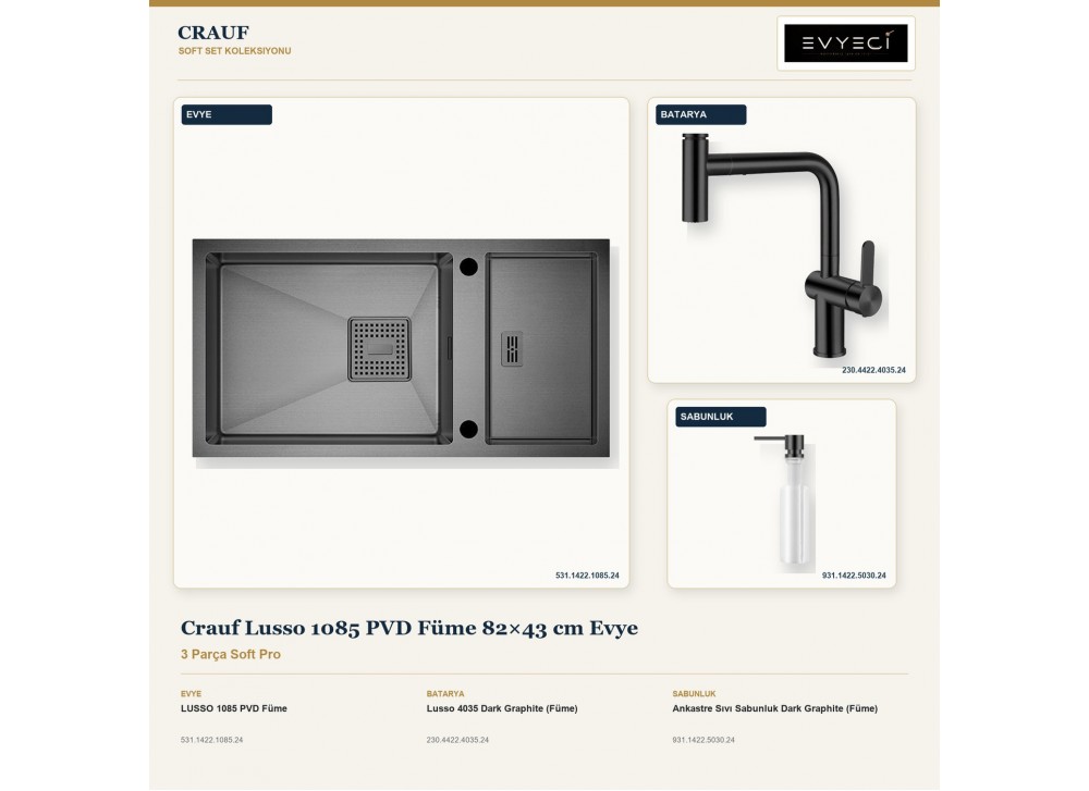 Crauf Lusso 1085 PVD Füme 82×43 cm Evye + Lusso 4035 Batarya + Aynı Renk Sabunluk | 3 Parça Soft Pro Crauf Lusso 1085 PVD Füme 82×43 cm Evye + Lusso 4035 Batarya + Aynı Renk Sabunluk | 3 Parça Soft Pro
