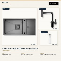 Crauf Lusso 1085 PVD Füme 82×43 cm Evye + Lusso 4035 Batarya + Aynı Renk Sabunluk | 3 Parça Soft Pro