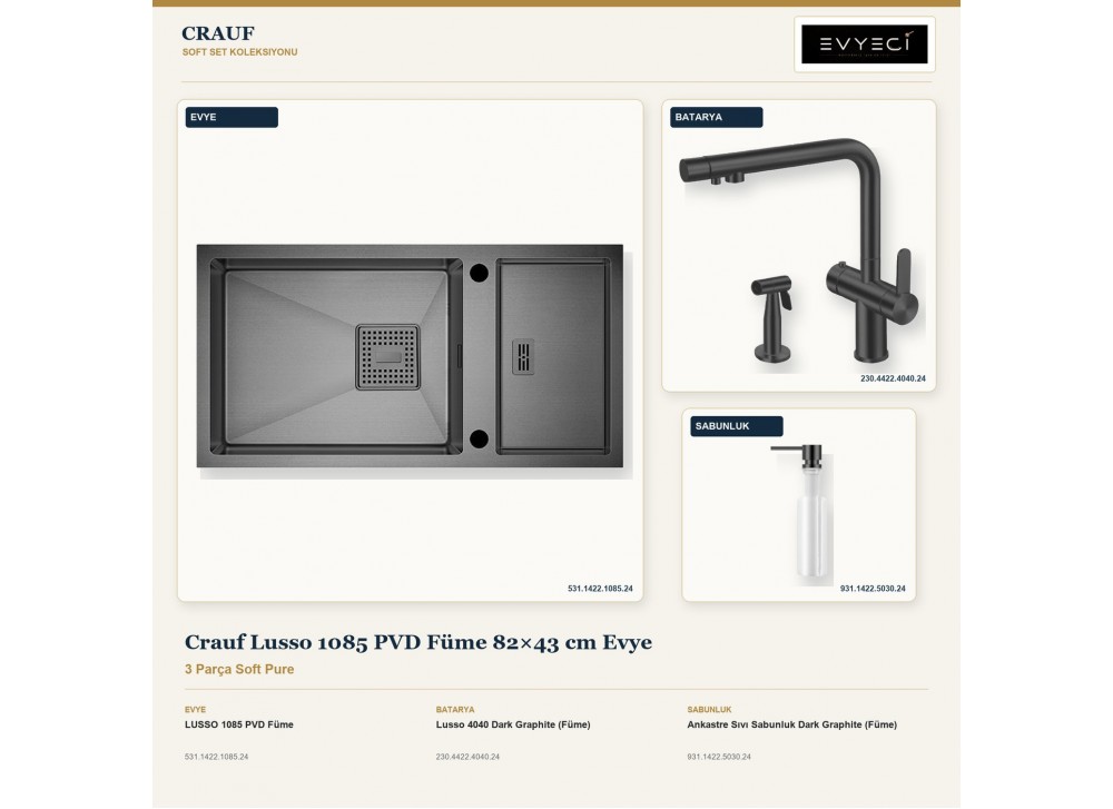 Crauf Lusso 1085 PVD Füme 82×43 cm Evye + Lusso 4040 Batarya + Aynı Renk Sabunluk | 3 Parça Soft Pure Crauf Lusso 1085 PVD Füme 82×43 cm Evye + Lusso 4040 Batarya + Aynı Renk Sabunluk | 3 Parça Soft Pure