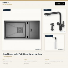 Crauf Lusso 1085 PVD Füme 82×43 cm Evye + Lusso 4040 Batarya + Aynı Renk Sabunluk | 3 Parça Soft Pure