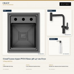Crauf Lusso 6390 PVD Füme 38×47 cm Evye + Lusso 4035 Batarya + Aynı Renk Sabunluk | 3 Parça Soft Pro