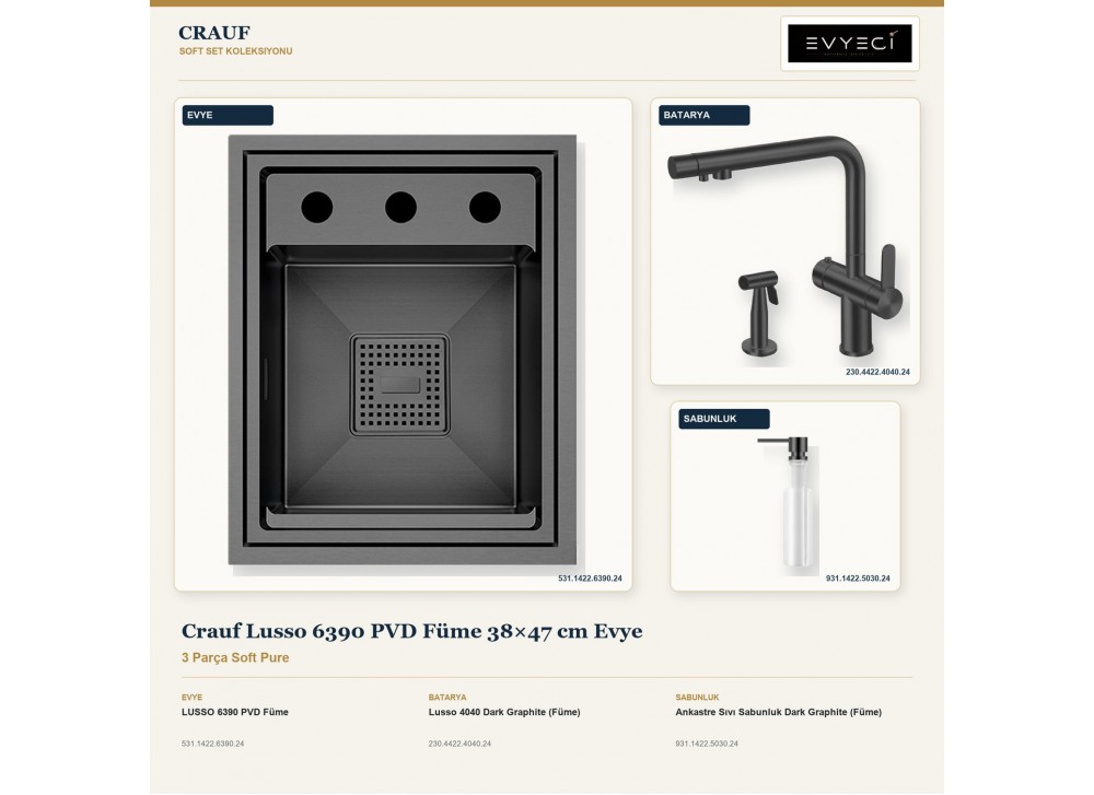 Crauf Lusso 6390 PVD Füme 38×47 cm Evye + Lusso 4040 Batarya + Aynı Renk Sabunluk | 3 Parça Soft Pure Crauf Lusso 6390 PVD Füme 38×47 cm Evye + Lusso 4040 Batarya + Aynı Renk Sabunluk | 3 Parça Soft Pure