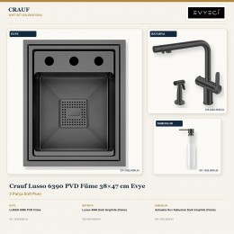 Crauf Lusso 6390 PVD Füme 38×47 cm Evye + Lusso 4040 Batarya + Aynı Renk Sabunluk | 3 Parça Soft Pure
