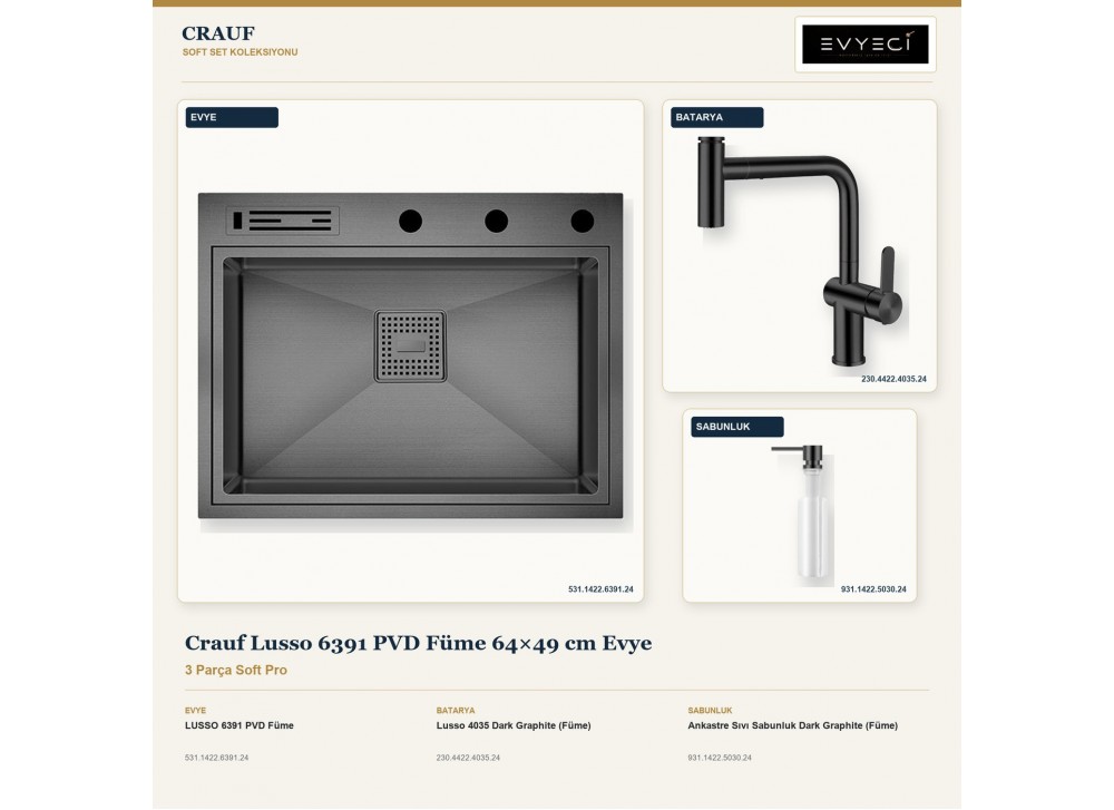 Crauf Lusso 6391 PVD Füme 64×49 cm Evye + Lusso 4035 Batarya + Aynı Renk Sabunluk | 3 Parça Soft Pro Crauf Lusso 6391 PVD Füme 64×49 cm Evye + Lusso 4035 Batarya + Aynı Renk Sabunluk | 3 Parça Soft Pro