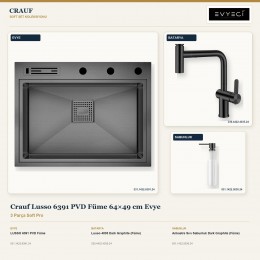 Crauf Lusso 6391 PVD Füme 64×49 cm Evye + Lusso 4035 Batarya + Aynı Renk Sabunluk | 3 Parça Soft Pro