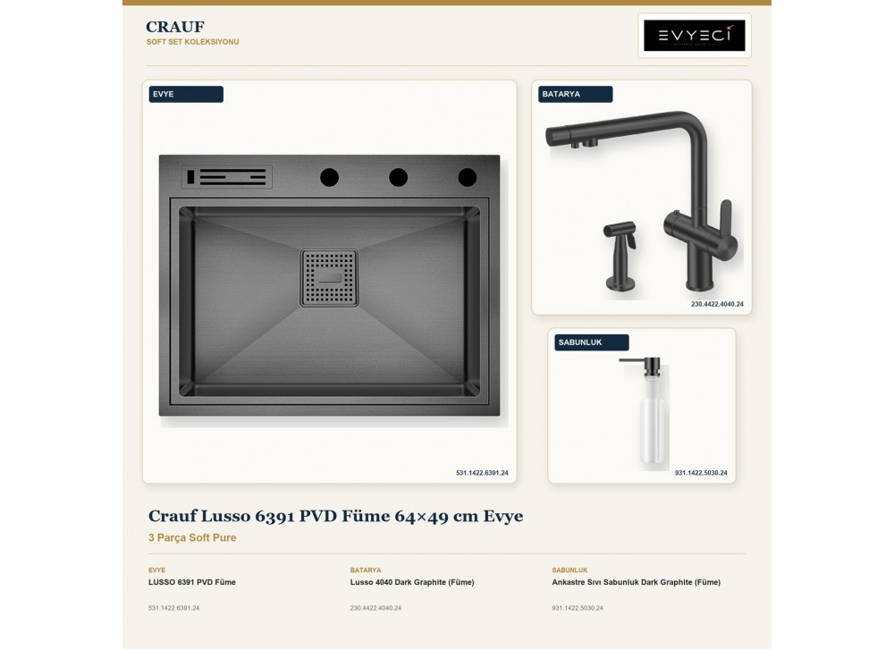 Crauf Lusso 6391 PVD Füme 64×49 cm Evye + Lusso 4040 Batarya + Aynı Renk Sabunluk | 3 Parça Soft Pure Crauf Lusso 6391 PVD Füme 64×49 cm Evye + Lusso 4040 Batarya + Aynı Renk Sabunluk | 3 Parça Soft Pure