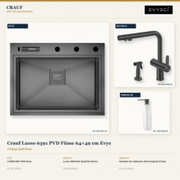 Crauf Lusso 6391 PVD Füme 64×49 cm Evye + Lusso 4040 Batarya + Aynı Renk Sabunluk | 3 Parça Soft Pure