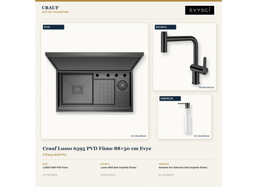 Crauf Lusso 6395 PVD Füme 88×50 cm Evye + Lusso 4035 Batarya + Aynı Renk Sabunluk | 3 Parça Soft Pro Crauf Lusso 6395 PVD Füme 88×50 cm Evye + Lusso 4035 Batarya + Aynı Renk Sabunluk | 3 Parça Soft Pro