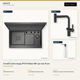 Crauf Lusso 6395 PVD Füme 88×50 cm Evye + Lusso 4035 Batarya + Aynı Renk Sabunluk | 3 Parça Soft Pro