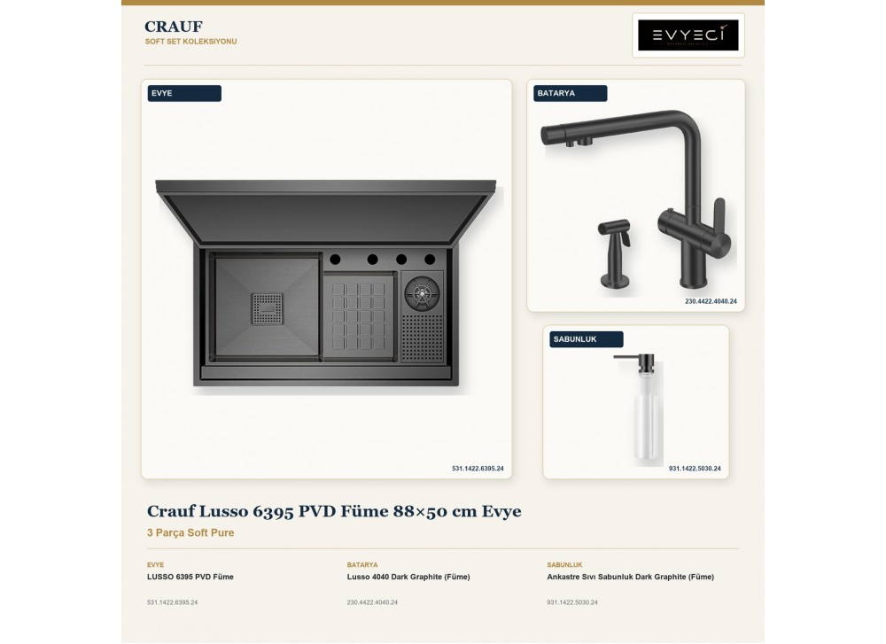 Crauf Lusso 6395 PVD Füme 88×50 cm Evye + Lusso 4040 Batarya + Aynı Renk Sabunluk | 3 Parça Soft Pure Crauf Lusso 6395 PVD Füme 88×50 cm Evye + Lusso 4040 Batarya + Aynı Renk Sabunluk | 3 Parça Soft Pure