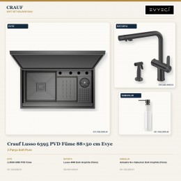 Crauf Lusso 6395 PVD Füme 88×50 cm Evye + Lusso 4040 Batarya + Aynı Renk Sabunluk | 3 Parça Soft Pure