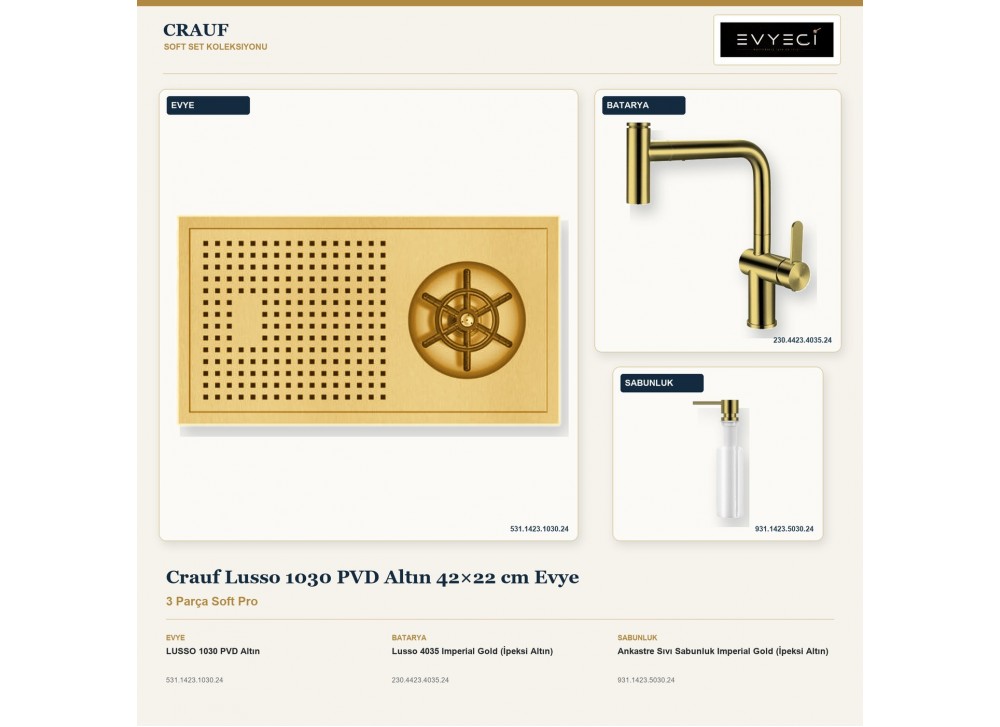 Crauf Lusso 1030 PVD Altın 42×22 cm Evye + Lusso 4035 Batarya + Aynı Renk Sabunluk | 3 Parça Soft Pro