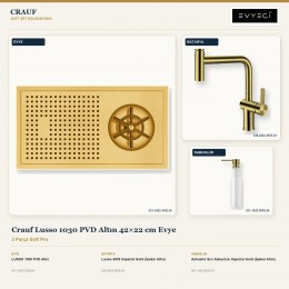 Crauf Lusso 1030 PVD Altın 42×22 cm Evye + Lusso 4035 Batarya + Aynı Renk Sabunluk | 3 Parça Soft Pro