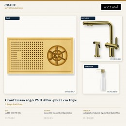 Crauf Lusso 1030 PVD Altın 42×22 cm Evye + Lusso 4040 Batarya + Aynı Renk Sabunluk | 3 Parça Soft Pure