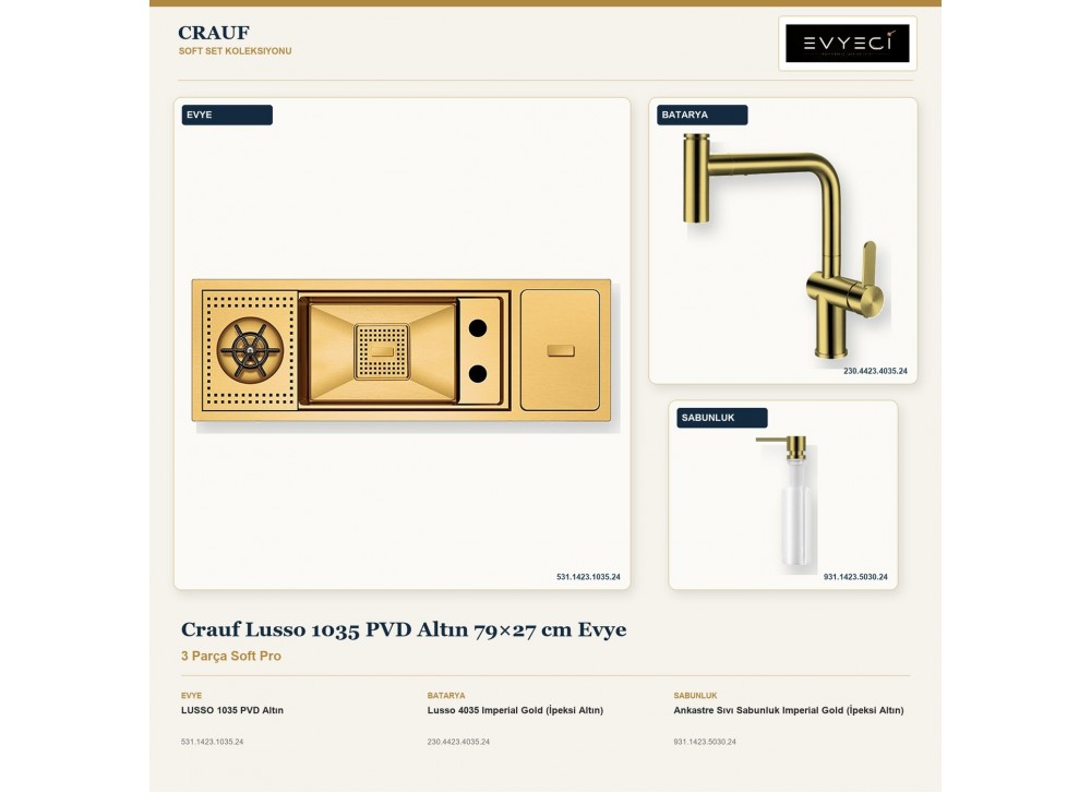 Crauf Lusso 1035 PVD Altın 79×27 cm Evye + Lusso 4035 Batarya + Aynı Renk Sabunluk | 3 Parça Soft Pro Crauf Lusso 1035 PVD Altın 79×27 cm Evye + Lusso 4035 Batarya + Aynı Renk Sabunluk | 3 Parça Soft Pro