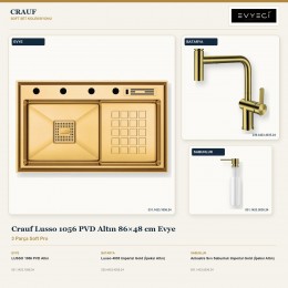 Crauf Lusso 1056 PVD Altın 86×48 cm Evye + Lusso 4035 Batarya + Aynı Renk Sabunluk | 3 Parça Soft Pro