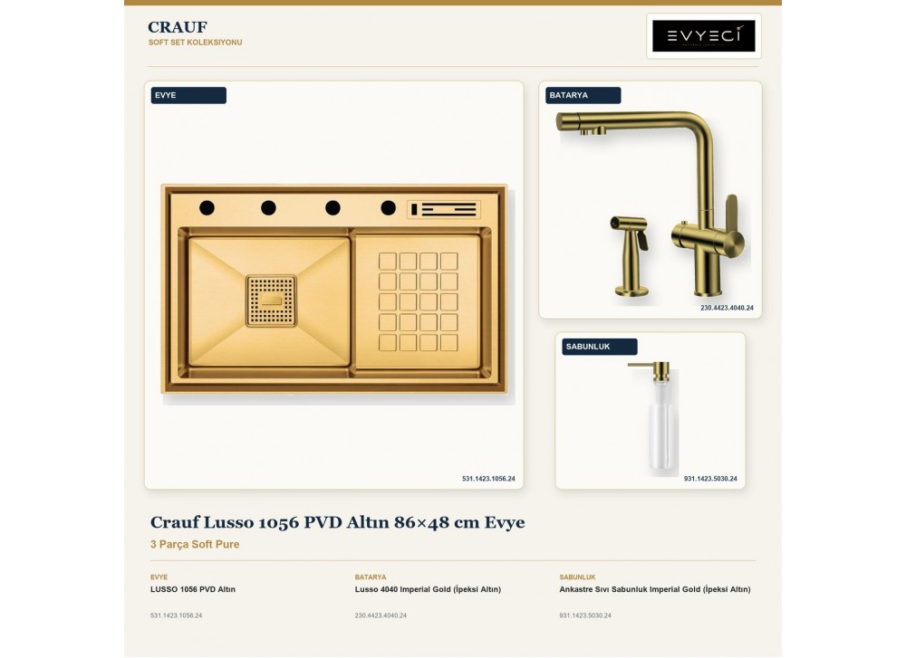 Crauf Lusso 1056 PVD Altın 86×48 cm Evye + Lusso 4040 Batarya + Aynı Renk Sabunluk | 3 Parça Soft Pure