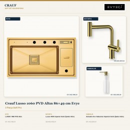 Crauf Lusso 1060 PVD Altın 86×49 cm Evye + Lusso 4035 Batarya + Aynı Renk Sabunluk | 3 Parça Soft Pro