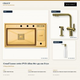 Crauf Lusso 1060 PVD Altın 86×49 cm Evye + Lusso 4040 Batarya + Aynı Renk Sabunluk | 3 Parça Soft Pure