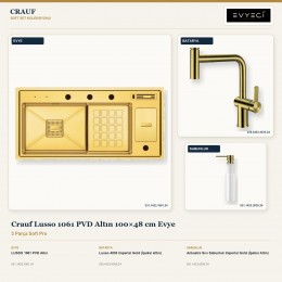 Crauf Lusso 1061 PVD Altın 100×48 cm Evye + Lusso 4035 Batarya + Aynı Renk Sabunluk | 3 Parça Soft Pro