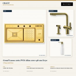 Crauf Lusso 1061 PVD Altın 100×48 cm Evye + Lusso 4040 Batarya + Aynı Renk Sabunluk | 3 Parça Soft Pure