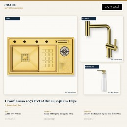 Crauf Lusso 1071 PVD Altın 84×48 cm Evye + Lusso 4035 Batarya + Aynı Renk Sabunluk | 3 Parça Soft Pro
