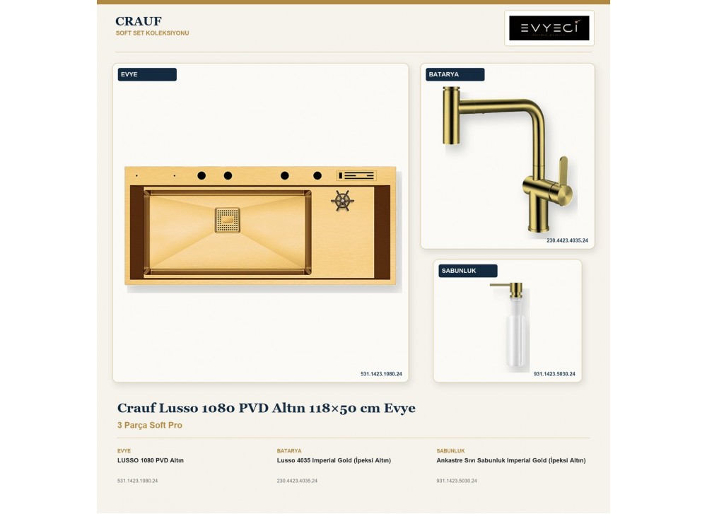 Crauf Lusso 1080 PVD Altın 118×50 cm Evye + Lusso 4035 Batarya + Aynı Renk Sabunluk | 3 Parça Soft Pro Crauf Lusso 1080 PVD Altın 118×50 cm Evye + Lusso 4035 Batarya + Aynı Renk Sabunluk | 3 Parça Soft Pro