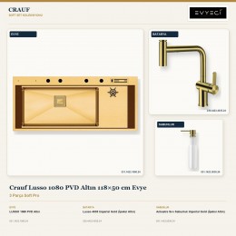 Crauf Lusso 1080 PVD Altın 118×50 cm Evye + Lusso 4035 Batarya + Aynı Renk Sabunluk | 3 Parça Soft Pro