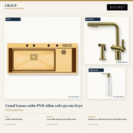 Crauf Lusso 1080 PVD Altın 118×50 cm Evye + Lusso 4040 Batarya + Aynı Renk Sabunluk | 3 Parça Soft Pure