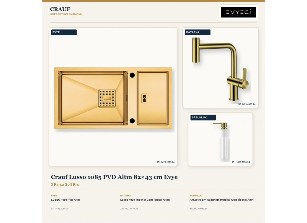 Crauf Lusso 1085 PVD Altın 82×43 cm Evye + Lusso 4035 Batarya + Aynı Renk Sabunluk | 3 Parça Soft Pro Crauf Lusso 1085 PVD Altın 82×43 cm Evye + Lusso 4035 Batarya + Aynı Renk Sabunluk | 3 Parça Soft Pro