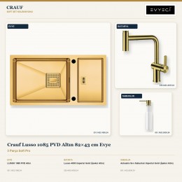 Crauf Lusso 1085 PVD Altın 82×43 cm Evye + Lusso 4035 Batarya + Aynı Renk Sabunluk | 3 Parça Soft Pro