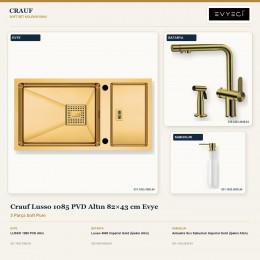 Crauf Lusso 1085 PVD Altın 82×43 cm Evye + Lusso 4040 Batarya + Aynı Renk Sabunluk | 3 Parça Soft Pure