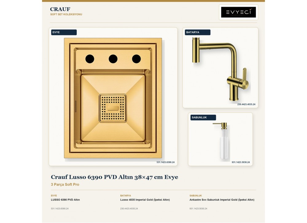 Crauf Lusso 6390 PVD Altın 38×47 cm Evye + Lusso 4035 Batarya + Aynı Renk Sabunluk | 3 Parça Soft Pro Crauf Lusso 6390 PVD Altın 38×47 cm Evye + Lusso 4035 Batarya + Aynı Renk Sabunluk | 3 Parça Soft Pro