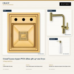 Crauf Lusso 6390 PVD Altın 38×47 cm Evye + Lusso 4035 Batarya + Aynı Renk Sabunluk | 3 Parça Soft Pro