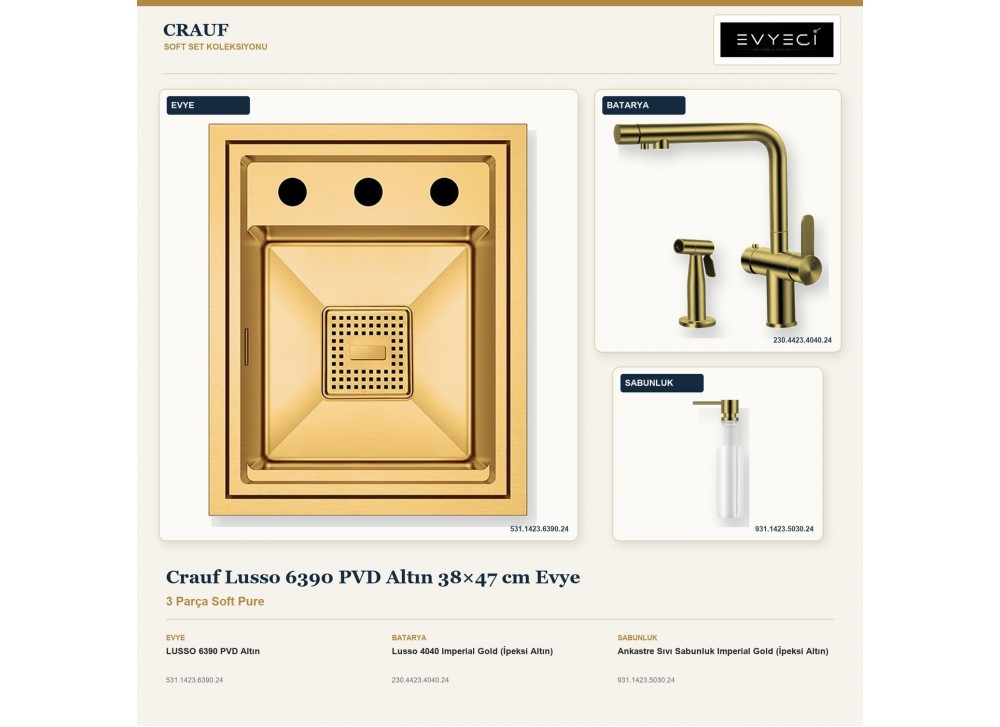 Crauf Lusso 6390 PVD Altın 38×47 cm Evye + Lusso 4040 Batarya + Aynı Renk Sabunluk | 3 Parça Soft Pure Crauf Lusso 6390 PVD Altın 38×47 cm Evye + Lusso 4040 Batarya + Aynı Renk Sabunluk | 3 Parça Soft Pure