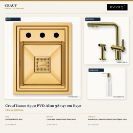 Crauf Lusso 6390 PVD Altın 38×47 cm Evye + Lusso 4040 Batarya + Aynı Renk Sabunluk | 3 Parça Soft Pure